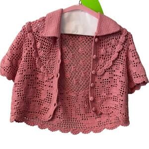 free people crochet cottagecore pink flower sweater - no size but fits XS